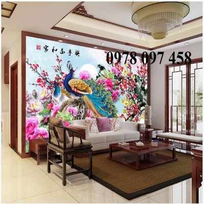 Gạch tranh 3D - chim công ốp tường