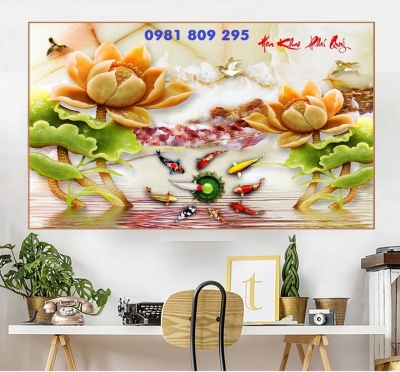 Gạch 3d hoa sen , tranh trang trí ốp tường cá chép