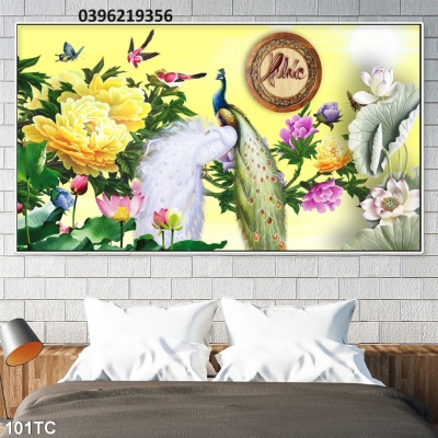Tranh chim công mẫu đơn trang trí
