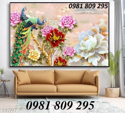 gạch tranh 3d chim công ốp tường phòng khách
