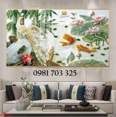 Gạch tranh 3d chim công mẫu đơn