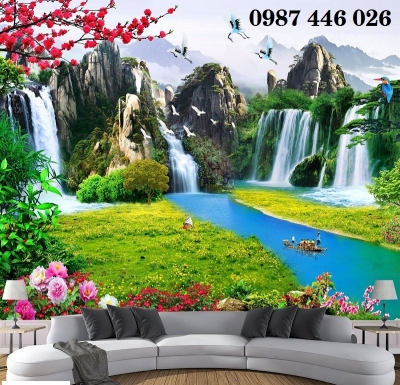 Gạch 3d tranh ốp tường phong cảnh thác nước HP7332