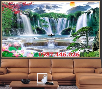 Gạch tranh thác nước, tranh ốp tường đẹp phòng khách HP827