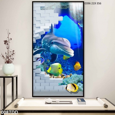 Tranh Cá heo và đại dương 3d ốp lát trang trí