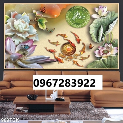 Tranh gạch đẹp 3d cá và hoa