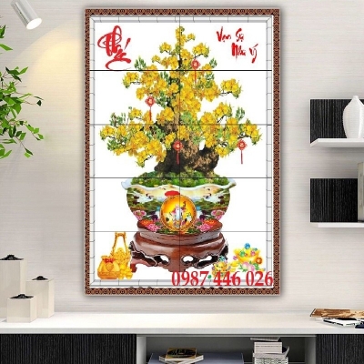 Gạch 3d tranh hoa mai vàng ốp tường