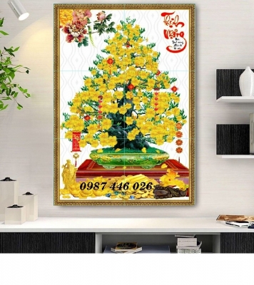Gạch 3d tranh hoa mai vàng ốp tường