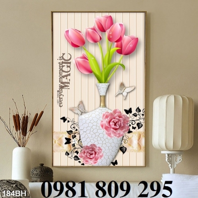 tranh gạch 3d bình hoa phòng bếp