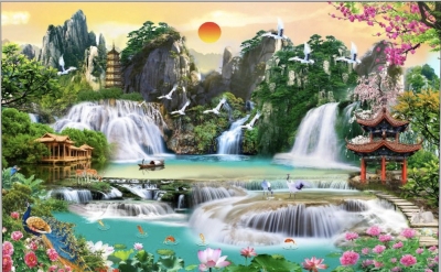 Tranh phong cảnh 3D- Tranh hoa sen và thác nước 3D