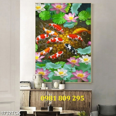 Gạch tranh hoa sen cá chép, tranh gạch 3d HP76
