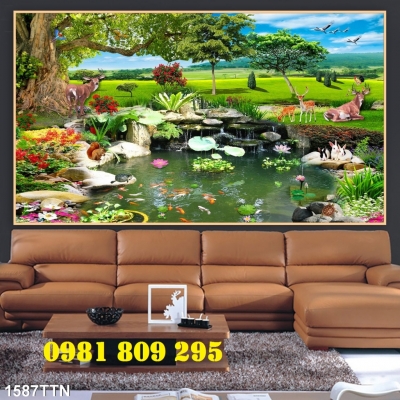 Tranh gạch 3d vườn cây ao cá HH7532