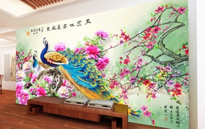 Tranh 3d chim công hoa ngọc vàng- gạch tranh