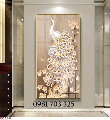 Tranh gạch phong thủy chim công 3D khổ đứng