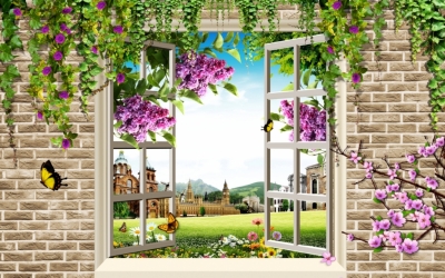 Tranh tường trang trí hoạ tiết cửa sổ