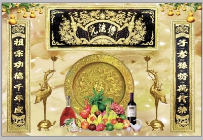 Tranh gạch men 3D - phòng thờ gia tiên
