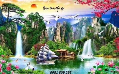 tranh gạch 3d phong cảnh câu đối