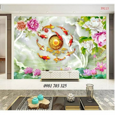 Gạch men 3D phong thủy, tranh hoa sen cá chép