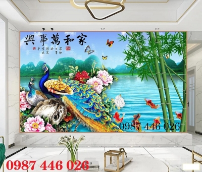 Gạch tranh ốp tường chim công HP0822