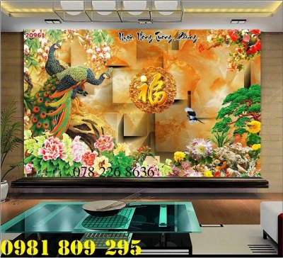 Gạch tranh 3d chim công hoa mẫu đơn -GA89