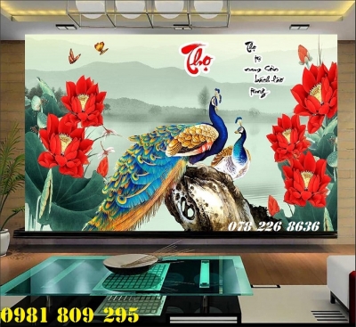 Tranh chim công hoa mẫu đơn- Gạch 3d