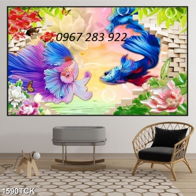 Gạch tranh cá chép ốp tường phong thủy 3d