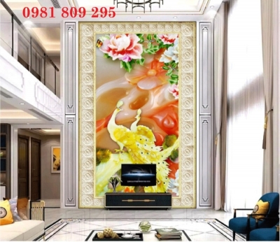 Gạch tranh ốp tường hành lang , tranh chim công