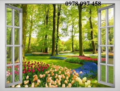 gạch tranh khung cửa sổ vườn hoa 3D