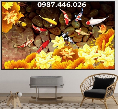 Gạch tranh cá chép vàng, tranh ốp tường 3d HP9722