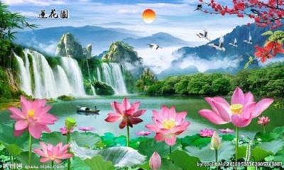 tranh gạch phong cảnh 3d hoa sen - KNV3