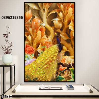 Tranh gạch men chim công mẫu đơn đẹp