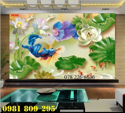 Tranh gạch men -hoa sen - gạch 3d cá chép