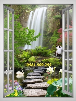 tranh gạch 3d hồ nước chim hạc
