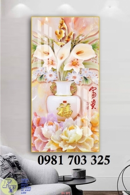 Tranh hoa 3D khổ đứng, tranh gạch ốp tường