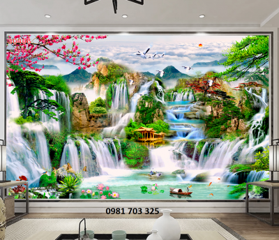 Tranh gạch 3D phòng khách- gạch tranh phong cảnh thác nước