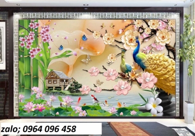 Gạch tranh chim công trang trí phòng khách - HXZ2