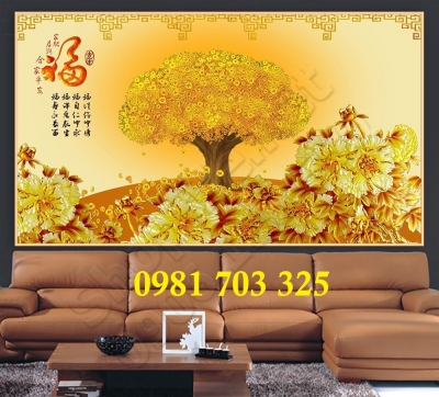 Tranh gạch cây kim tiền vàng 3D
