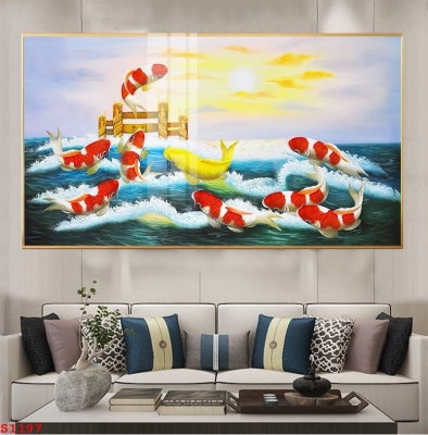 Gạch tranh phong thủy 3D 9 con cá chép