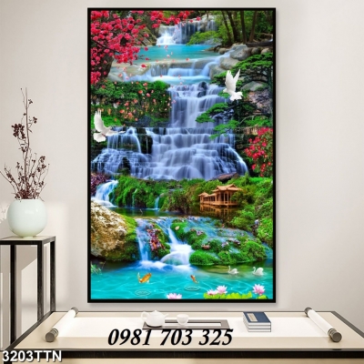 Gạch tranh 3D phong cảnh, tranh thác nước khổ đứng