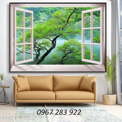 Tranh tường phòng khách cửa sổ phong cảnh đẹp