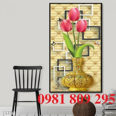 tranh gạch 3d bình hoa phòng bếp