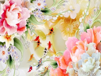 Tranh gạch 3d phong thủy cá chép hoa mẫu đơn - BNBB9