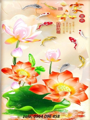 Tranh cá chép hoa sen 3d - tranh gạch 3d ốp tường - XCNNB9