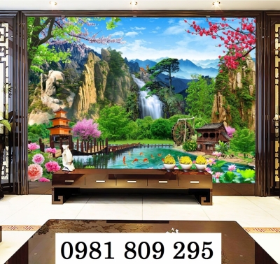 Gạch ốp tường tranh gạch thác nước chim hạc