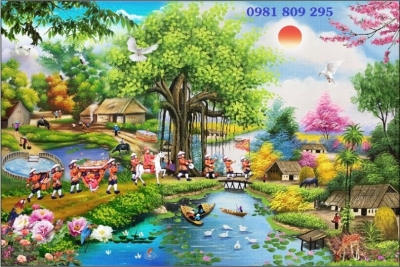 Gạch tranh 3D, tranh gạch men làng quê GP3658
