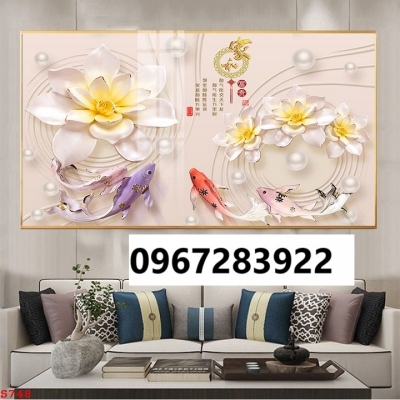 Tranh gạch đẹp 3d cá và hoa