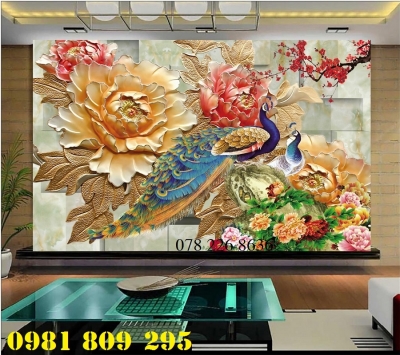 Gạch tranh 3d chim công hoa mẫu đơn -GA89